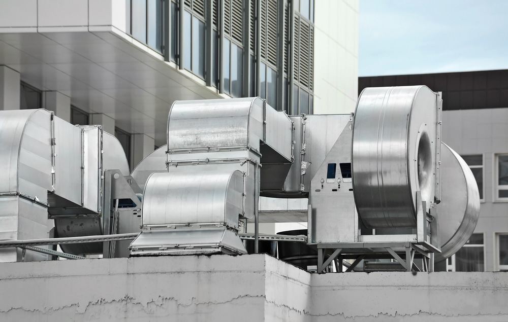 Rooftop ventilation units on a commercial building