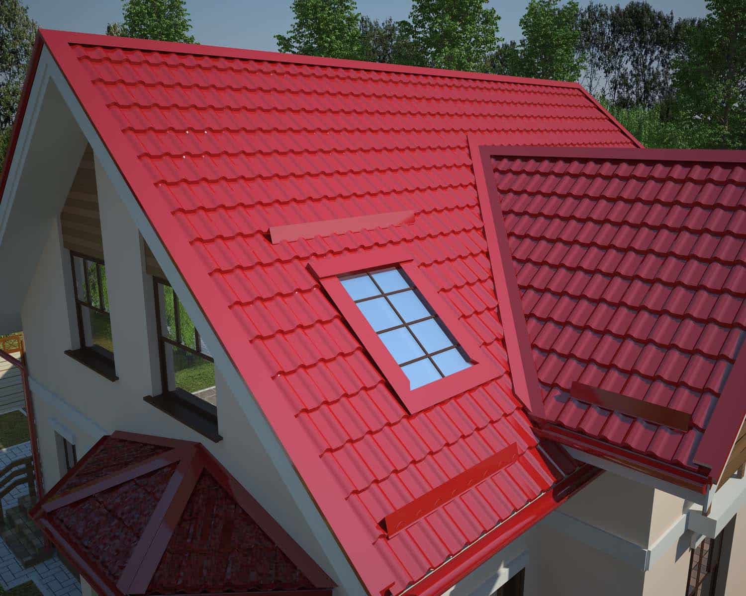 Red metal tile roof with a dormer window