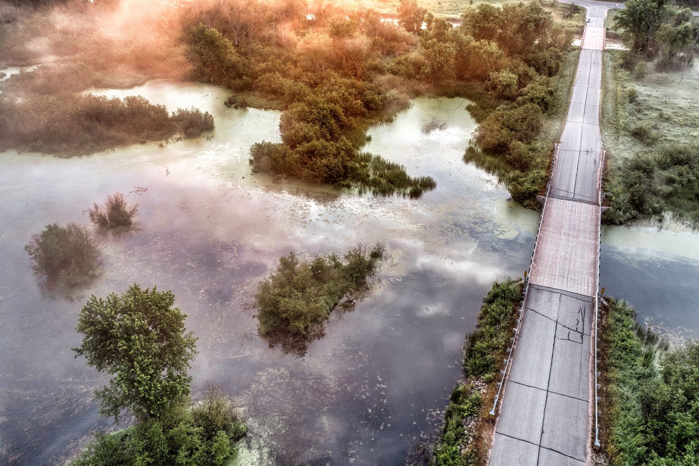 Aerial view of a bridge crossing wetlands