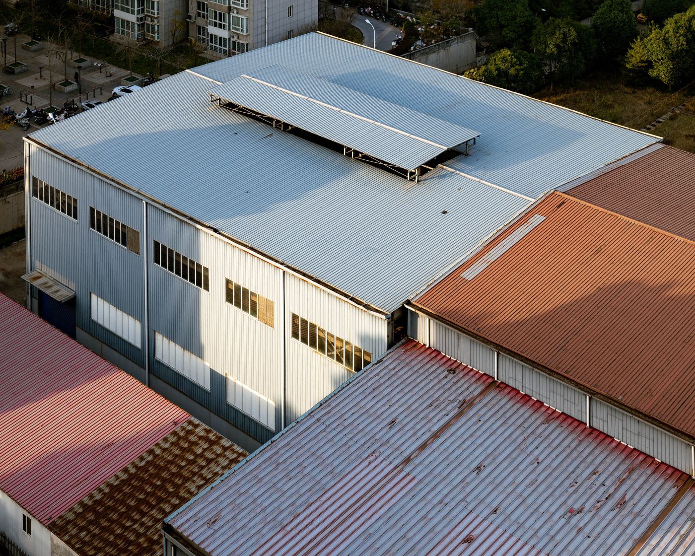 Metal roofs on a group of industrial buildings