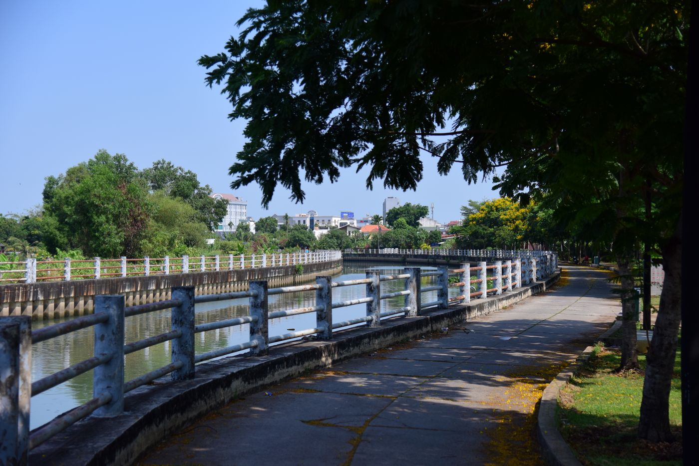 Riverside walkway with a railing under shade trees