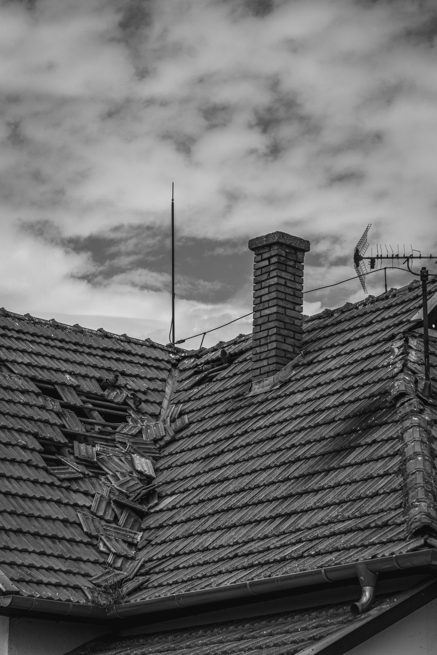 Shingle roof with damaged and missing shingles
