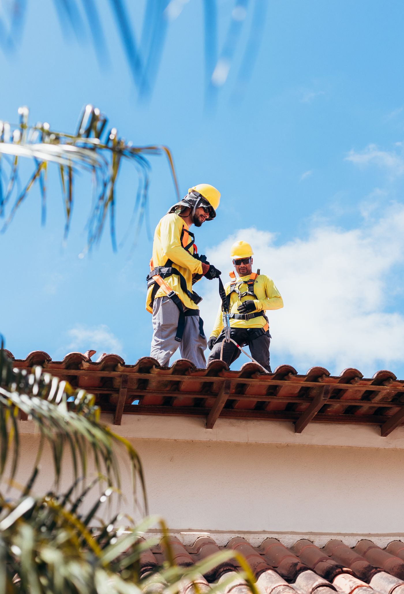 Two roofers in safety harnesses on a tile roof