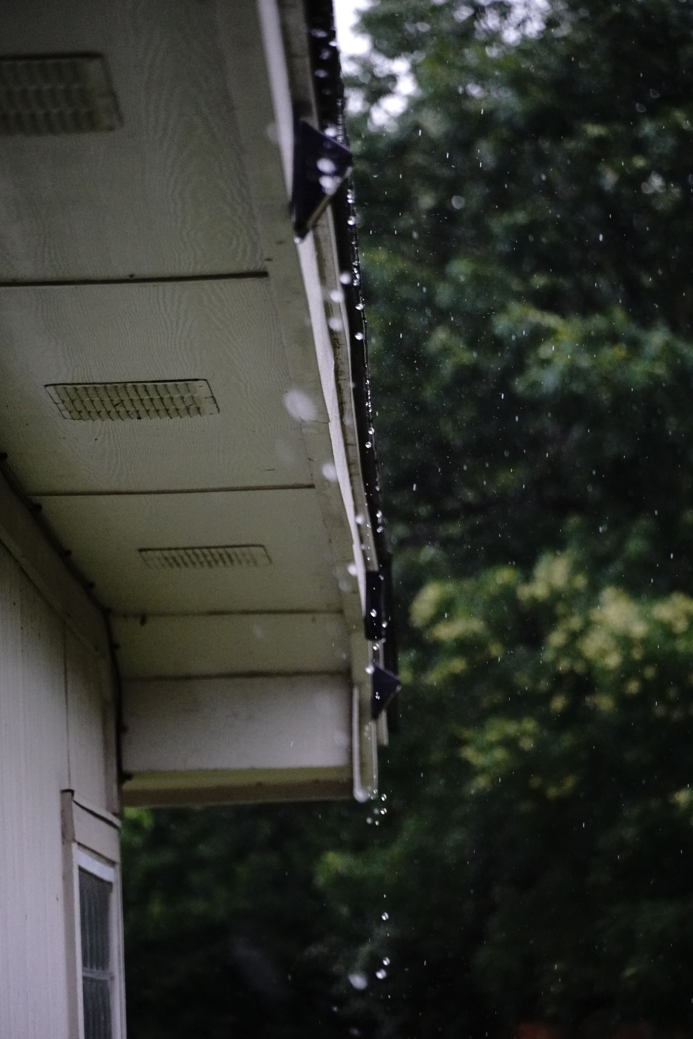 Vented soffit panels under a roof edge in the rain
